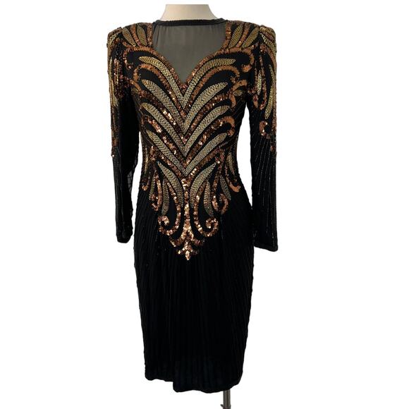 Cache Vintage Silk Fully Beaded Sequin Black Mini Dress Long Sleeve S/M - Picture 1 of 10